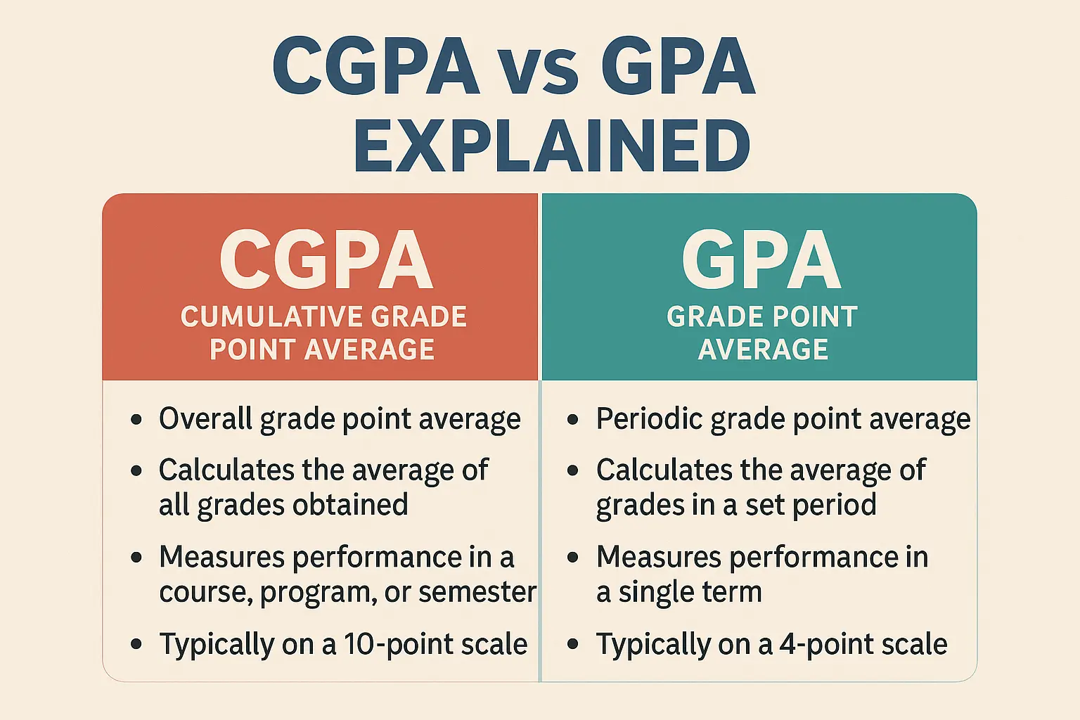 Side-by-side chart of CGPA and GPA definitions and differences