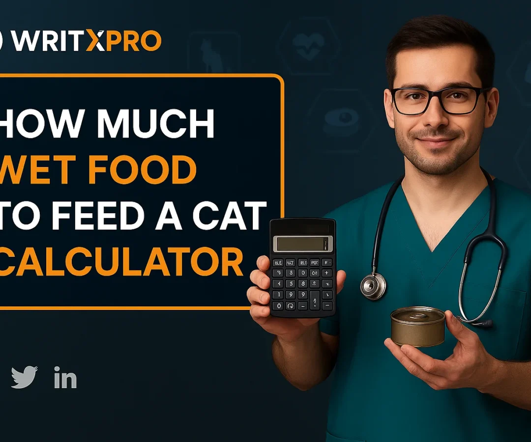 A promotional image of a vet holding a calculator and cat food can for WritXPro's feeding calculator.