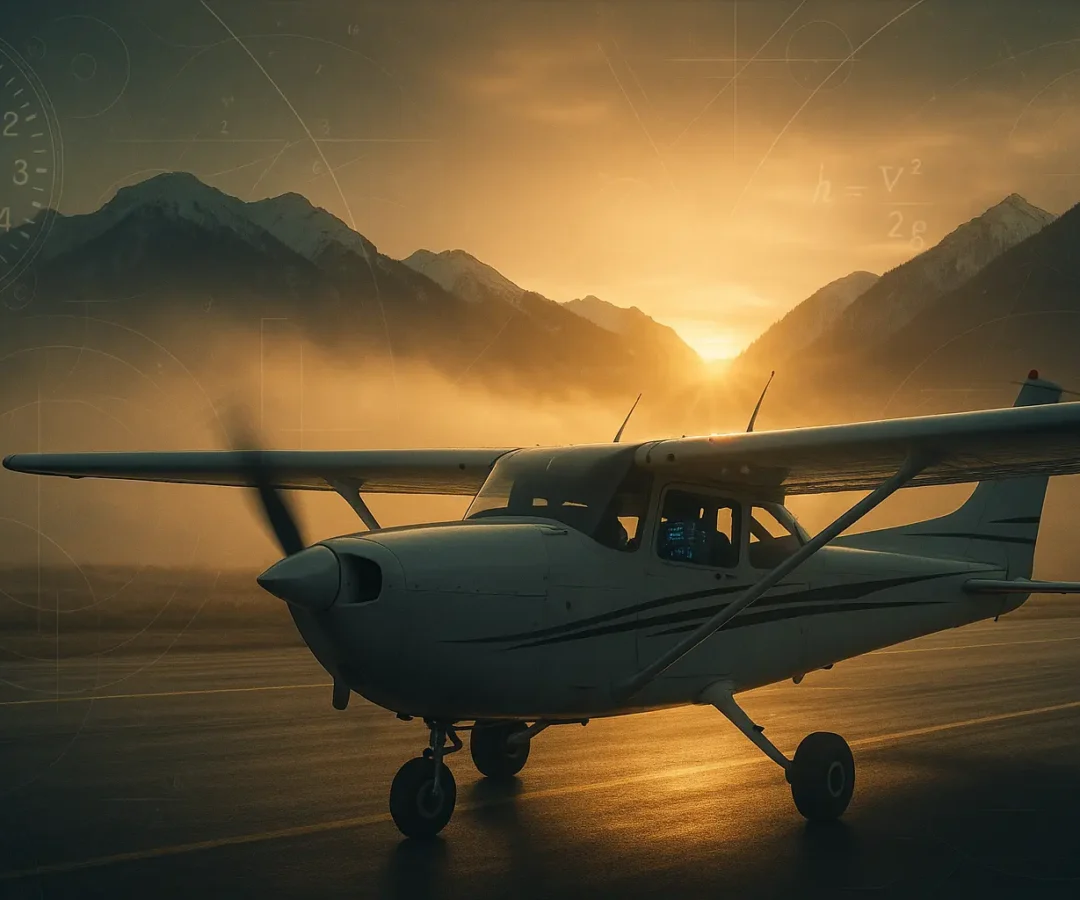 how do i calculate pressure altitude. Cessna 172 preparing for sunrise takeoff in a mountain valley with visible altimeter dial and snow-covered peaks.