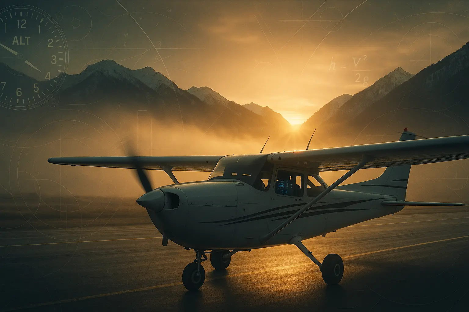 how do i calculate pressure altitude. Cessna 172 preparing for sunrise takeoff in a mountain valley with visible altimeter dial and snow-covered peaks.