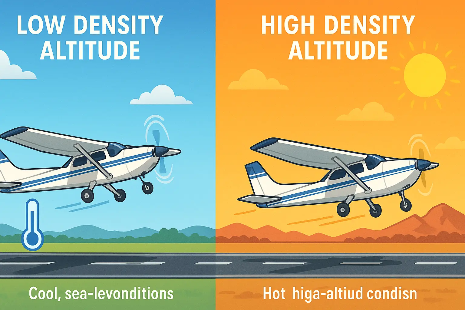 Illustration comparing aircraft performance at low vs high density altitude with runway distances and climb rate.

