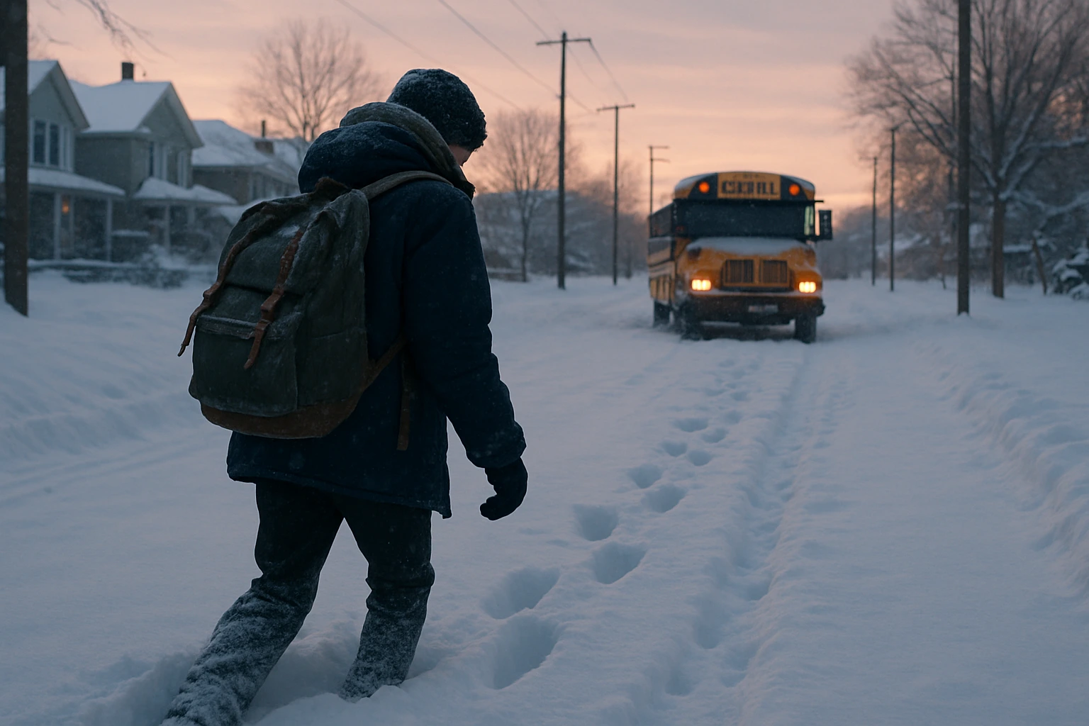 Teenager walking to school through deep snow after a Snow Day Calculator prediction proved wrong