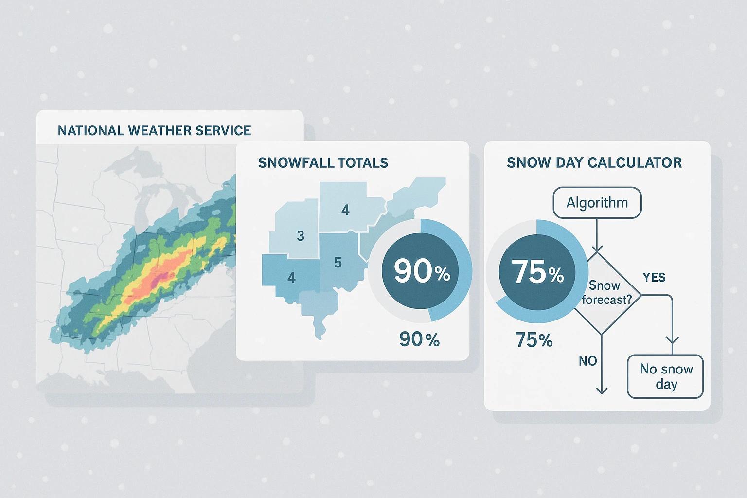 Illustration of weather data and algorithm components that power the Snow Day Calculator