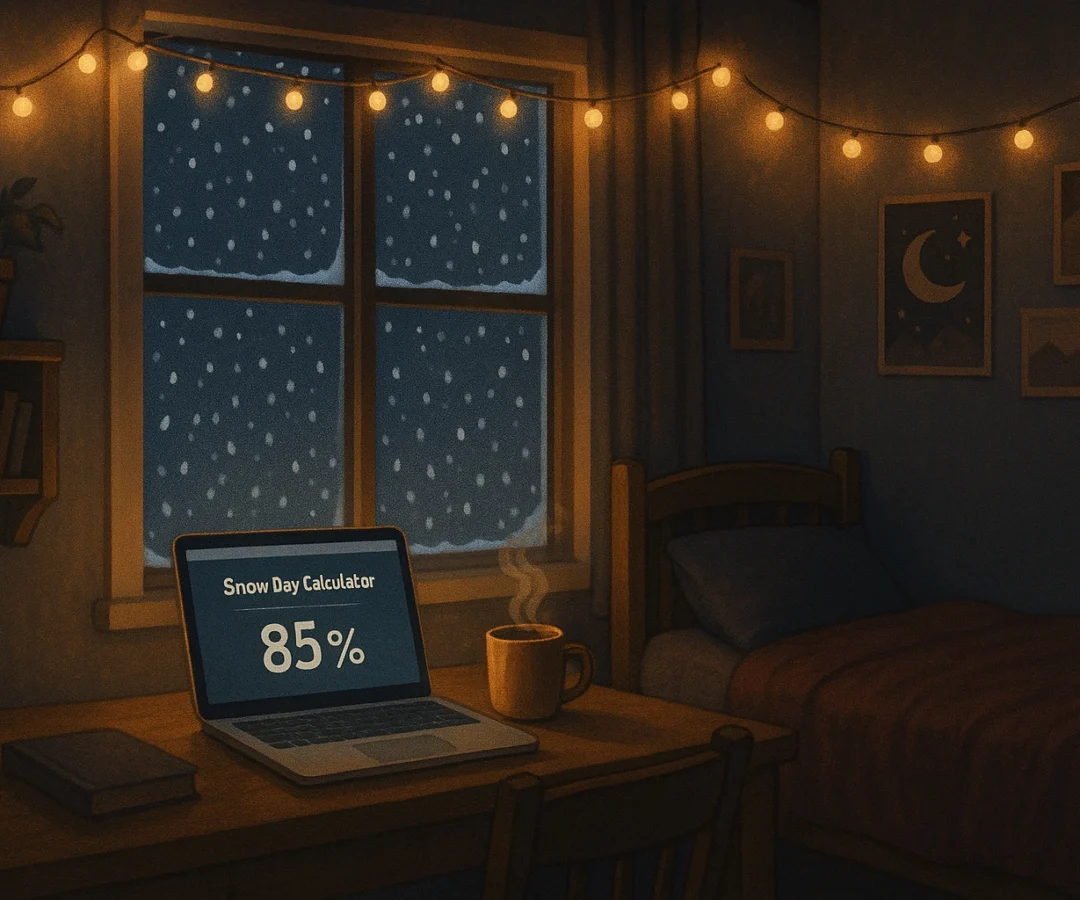 how accurate is snow day calculator? Student checking Snow Day Calculator on a laptop while snow falls outside a bedroom window