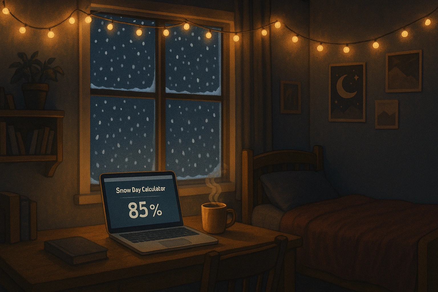 how accurate is snow day calculator? Student checking Snow Day Calculator on a laptop while snow falls outside a bedroom window