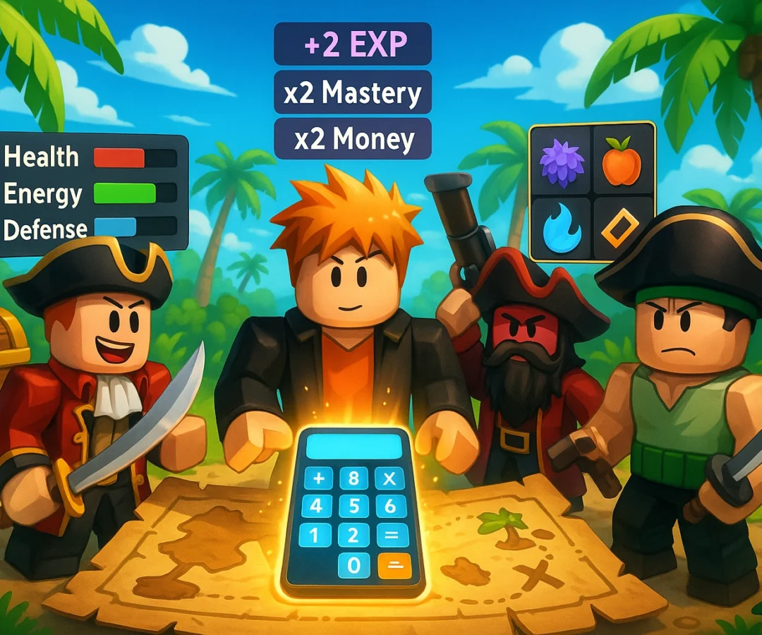 Blox Fruits calculator being used by characters on a pirate-themed treasure map to optimize stats and abilities.