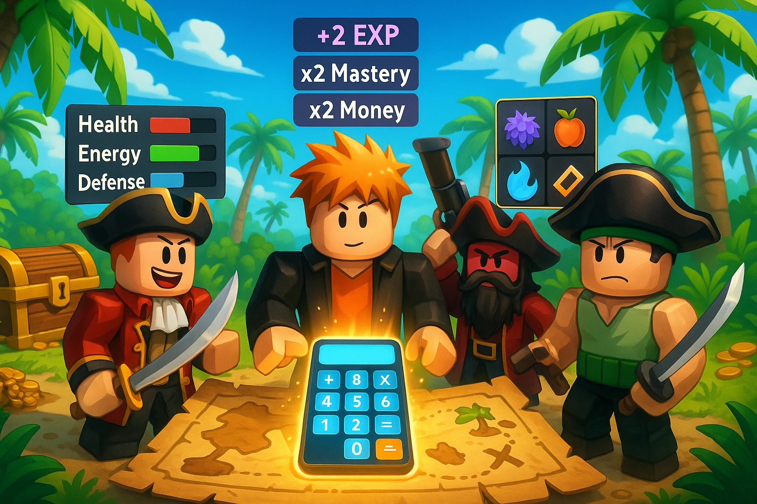 Blox Fruits calculator being used by characters on a pirate-themed treasure map to optimize stats and abilities.