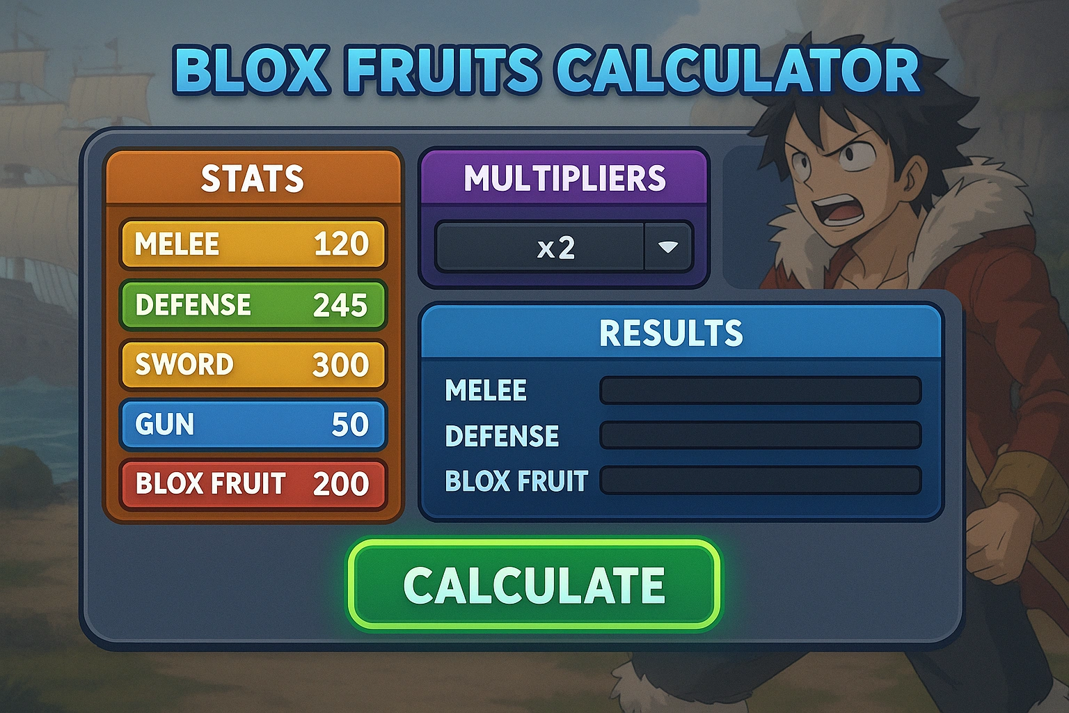 Sample interface of a Blox Fruits stat calculator showing fields and multipliers