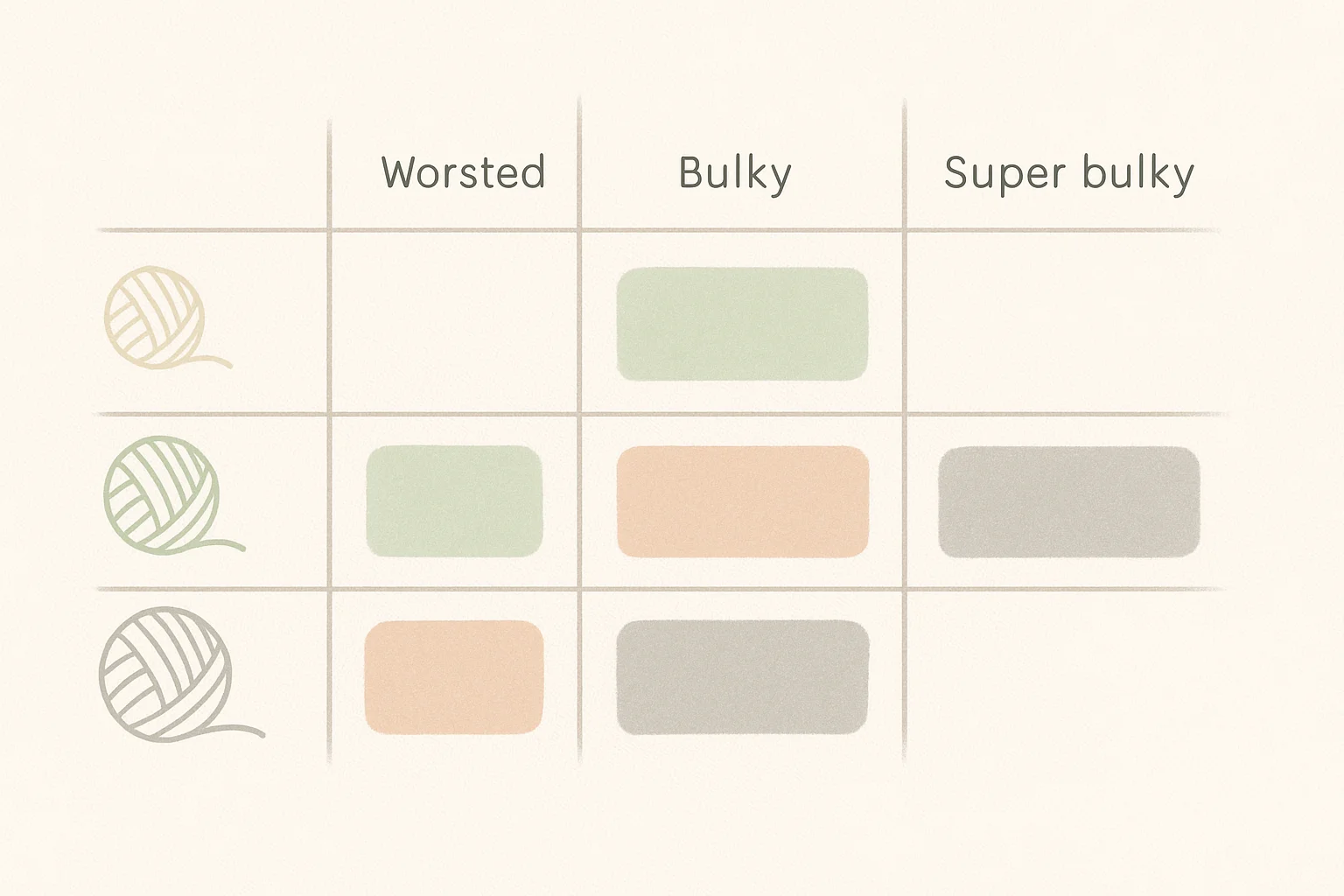 Horizontal yarn requirement chart for different blanket sizes and yarn weights