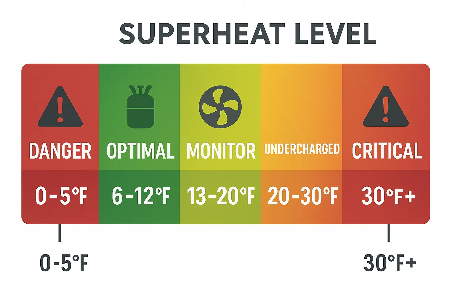 Infographic visualizing superheat diagnosis zones from low to high with color-coded ranges
