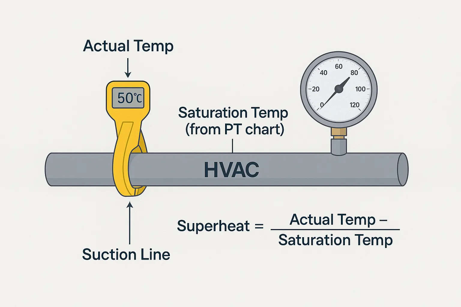 Diagram showing how to calculate superheat using suction line temperature and pressure