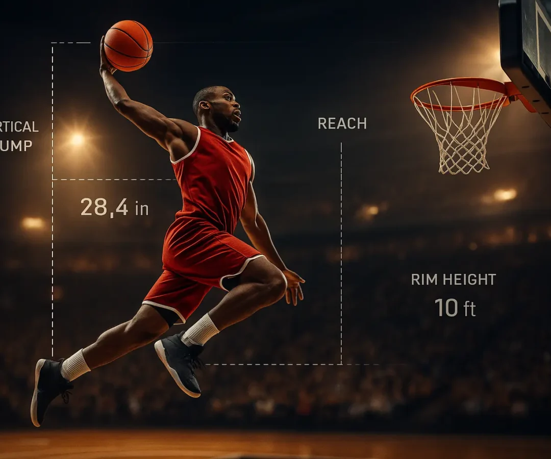 basketball player mid-air dunk with data overlay