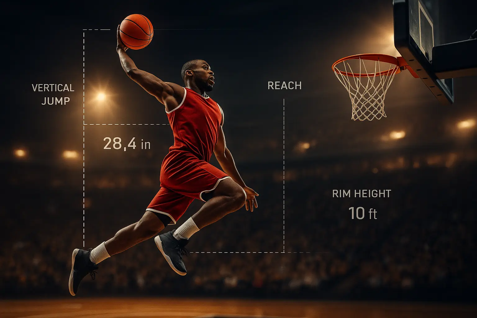 basketball player mid-air dunk with data overlay