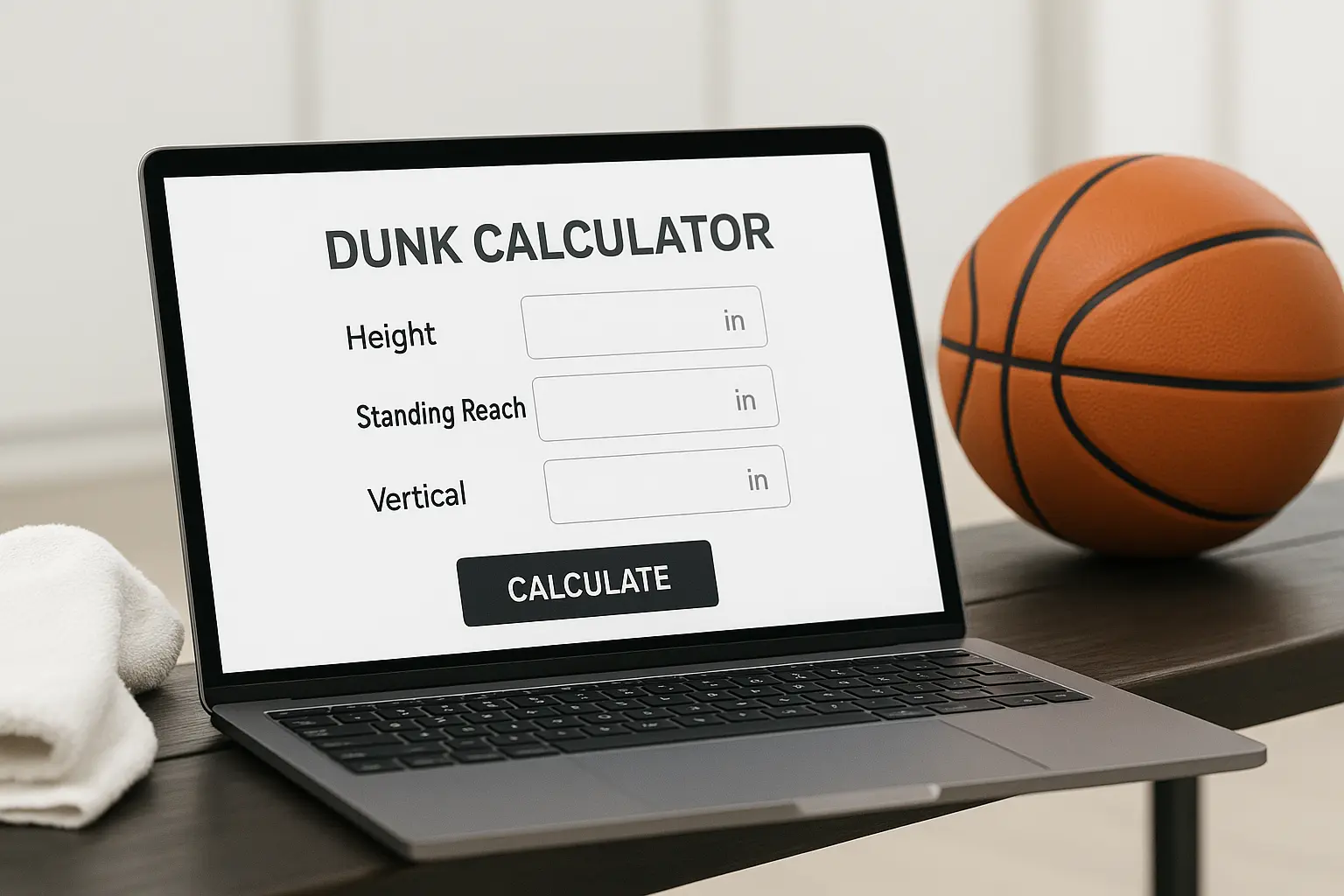 dunk calculator interface showing height, reach, vertical fields