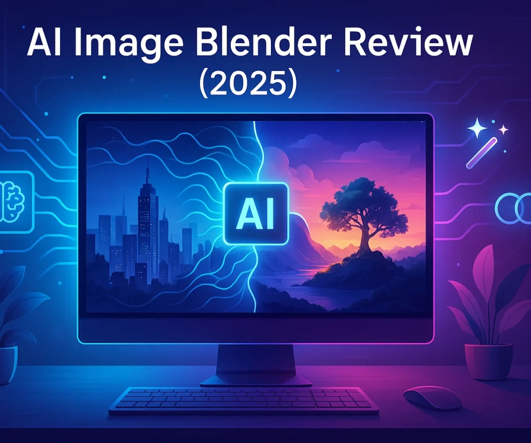 AI image blender merging forest and cityscape on futuristic screen in digital workspace