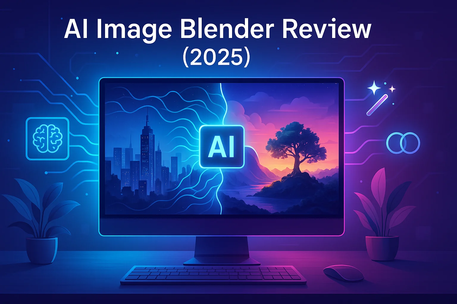 AI image blender merging forest and cityscape on futuristic screen in digital workspace