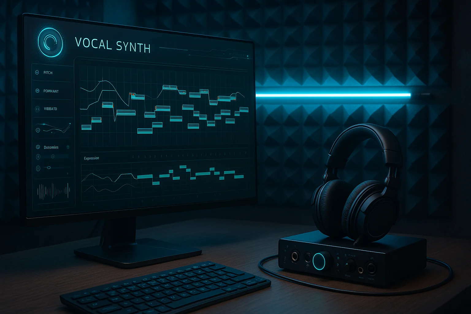 Music production setup with Synthesizer V Studio Basic interface and pitch control curves on screen