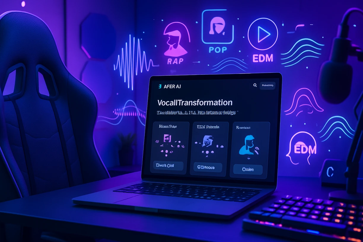 Digital creator workspace with Kits.AI interface and vocal transformation features