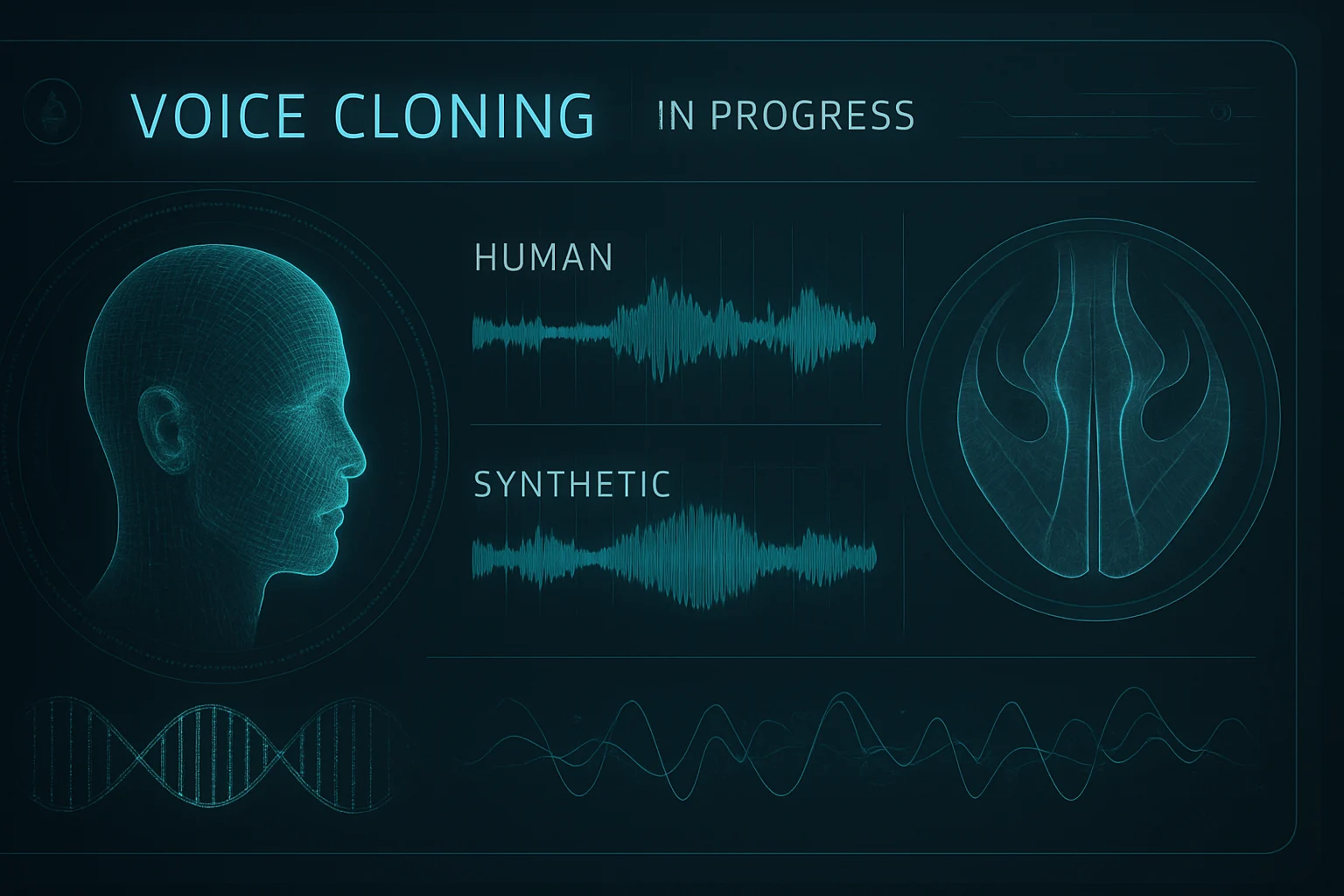 Voice cloning interface with AI waveform comparison and synthetic voice layers in a futuristic tech setup