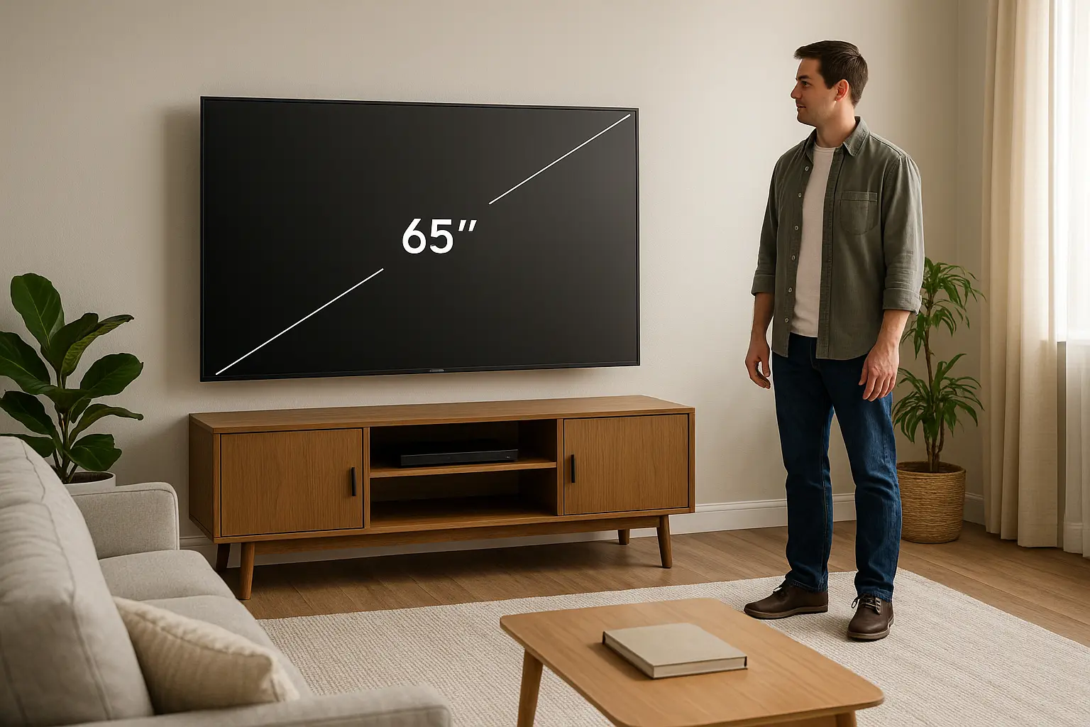 Person standing next to a 65-inch TV in a modern living room to show realistic size comparison of 65 inches in feet