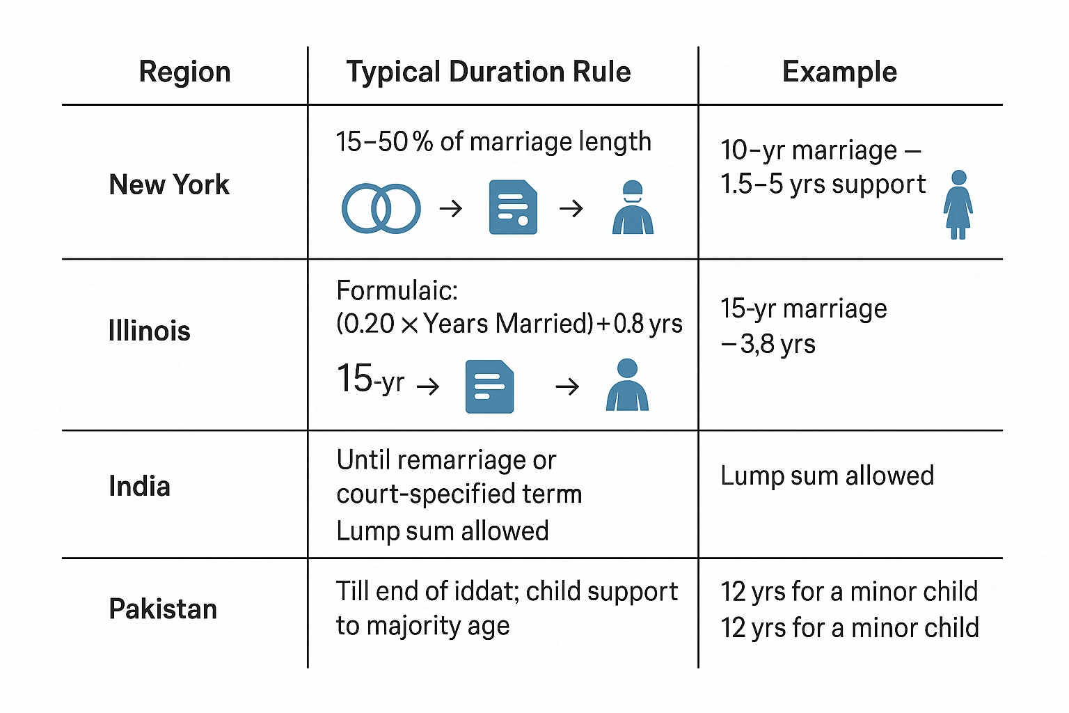 Infographic showing typical alimony duration rules across New York, Illinois, India, and Pakistan, with icons representing marriage, legal documentation, and support end. New York uses 15–50% of marriage length; Illinois uses a formula; India allows support until remarriage or a court-specified term; Pakistan provides support during iddat and for children until majority.