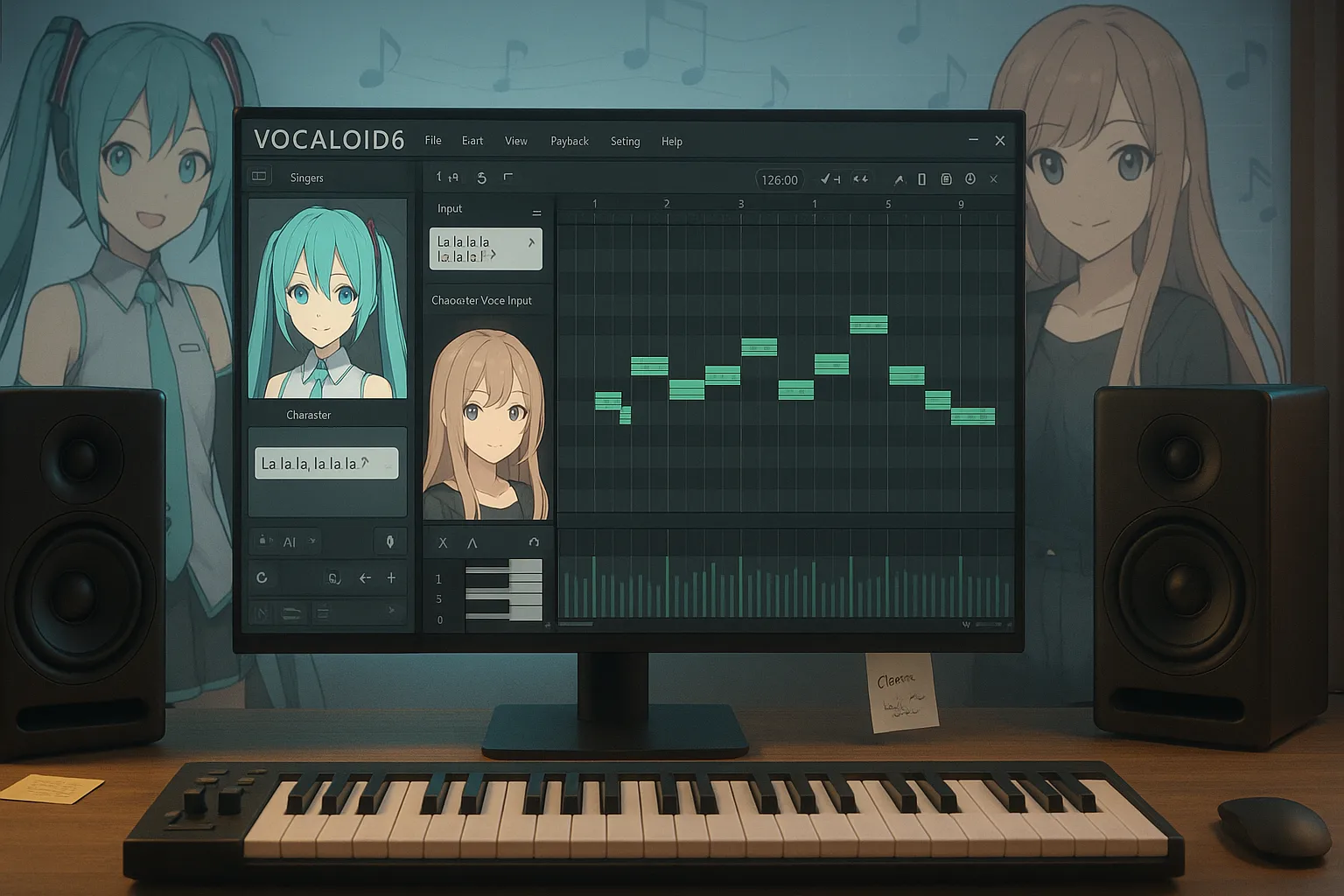 Music studio setup running Vocaloid 6 with anime vocal avatars and MIDI interface