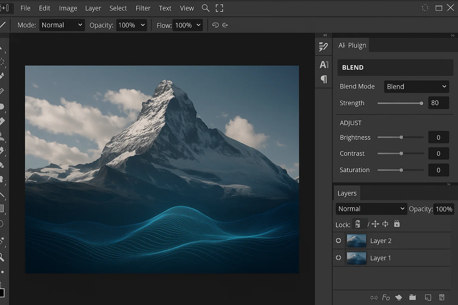 Photopea AI image blender plugin blending two image layers in a Photoshop-style workspace