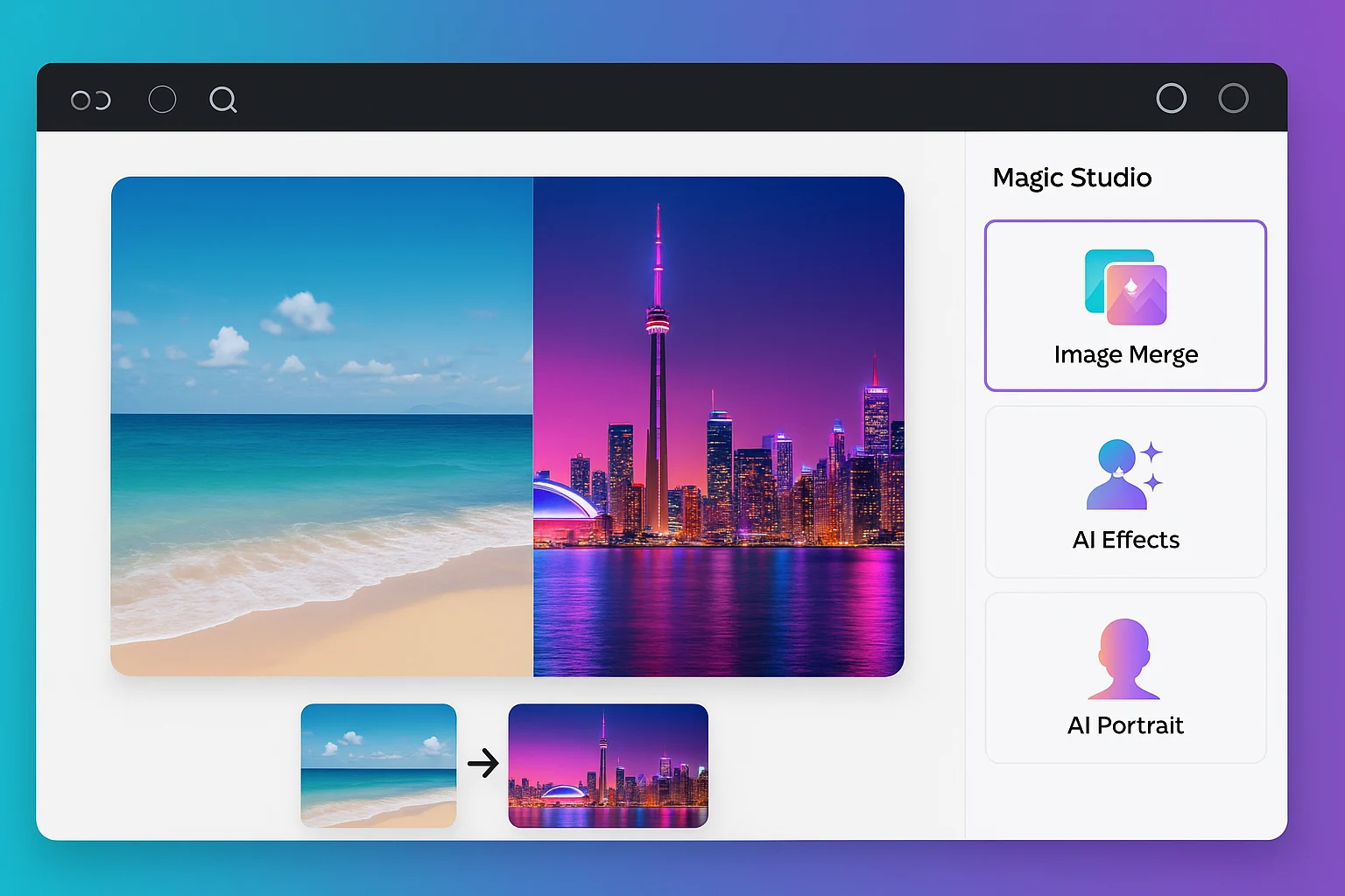 Canva AI image blender merging beach and cityscape using Magic Studio drag-and-drop interface