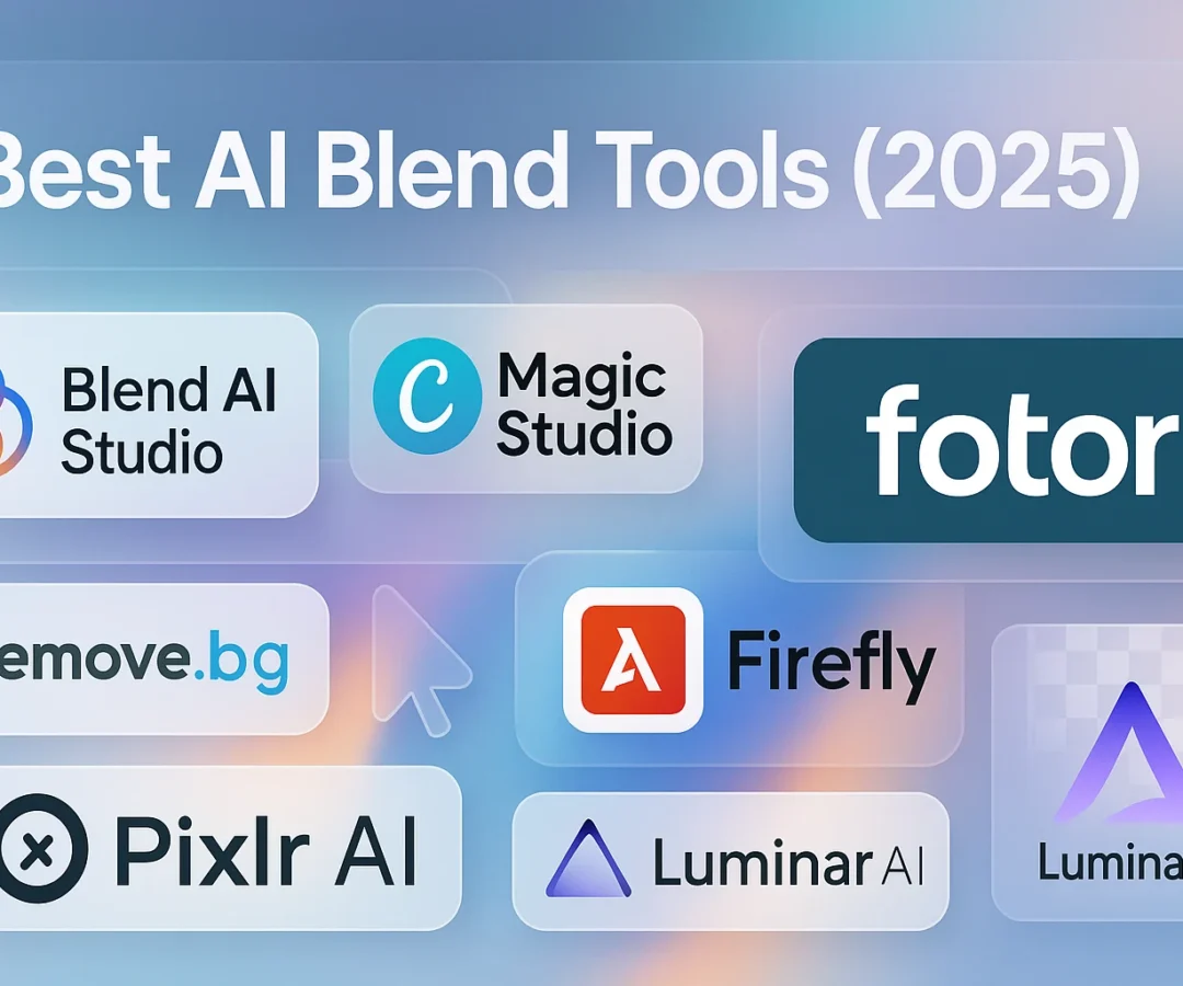 Realistic horizontal image showing a modern workspace with screens displaying AI blend tool for image editing, background removal, and seamless design workflows.