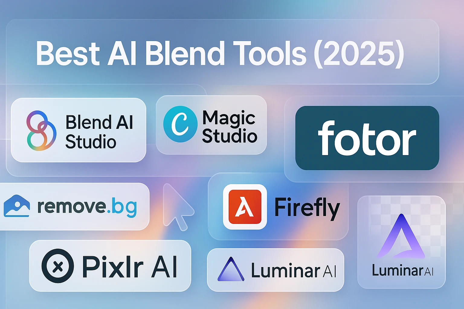 Realistic horizontal image showing a modern workspace with screens displaying AI blend tool for image editing, background removal, and seamless design workflows.