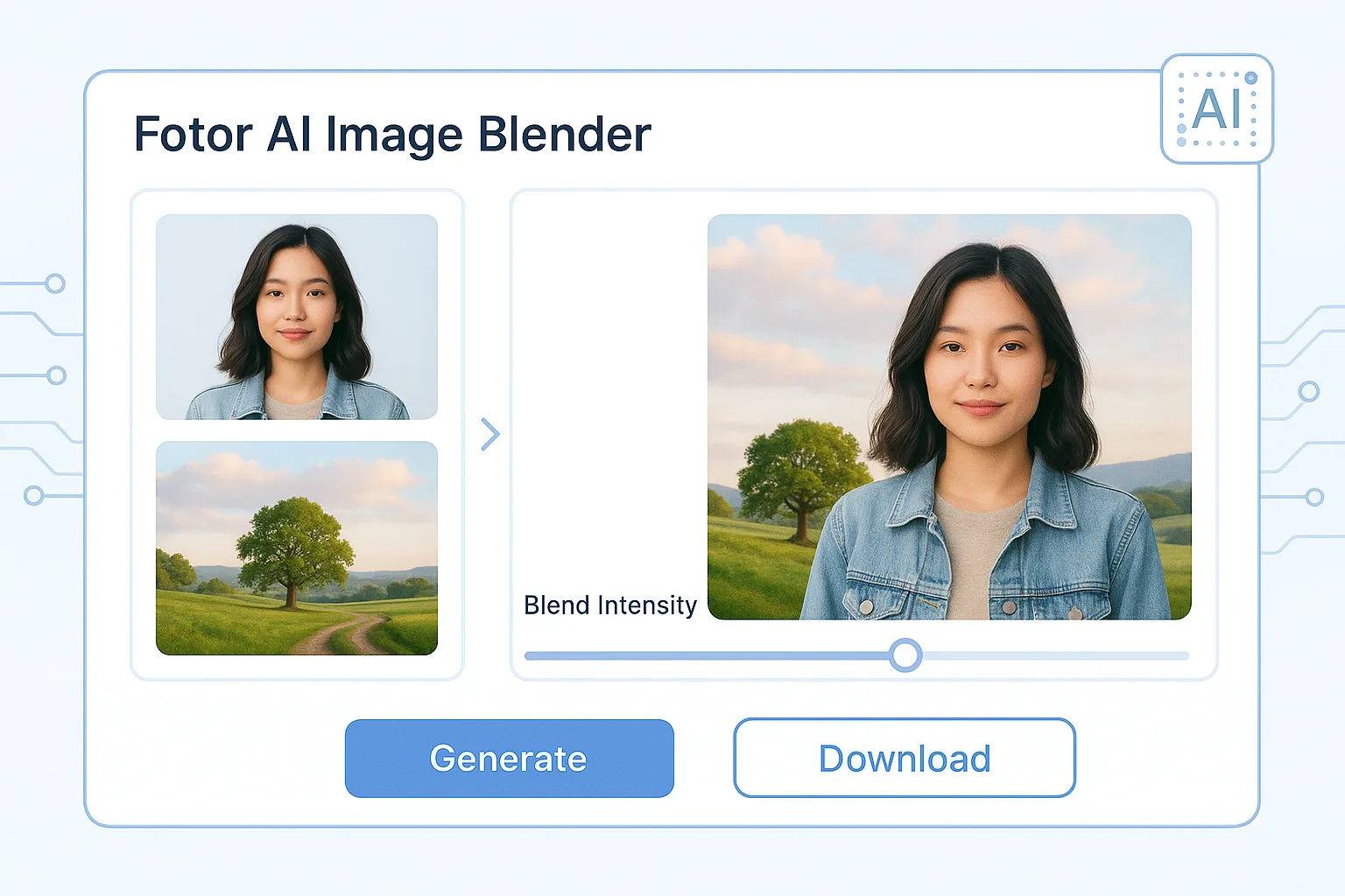 Fotor AI image blender interface showing image inputs and blend preview