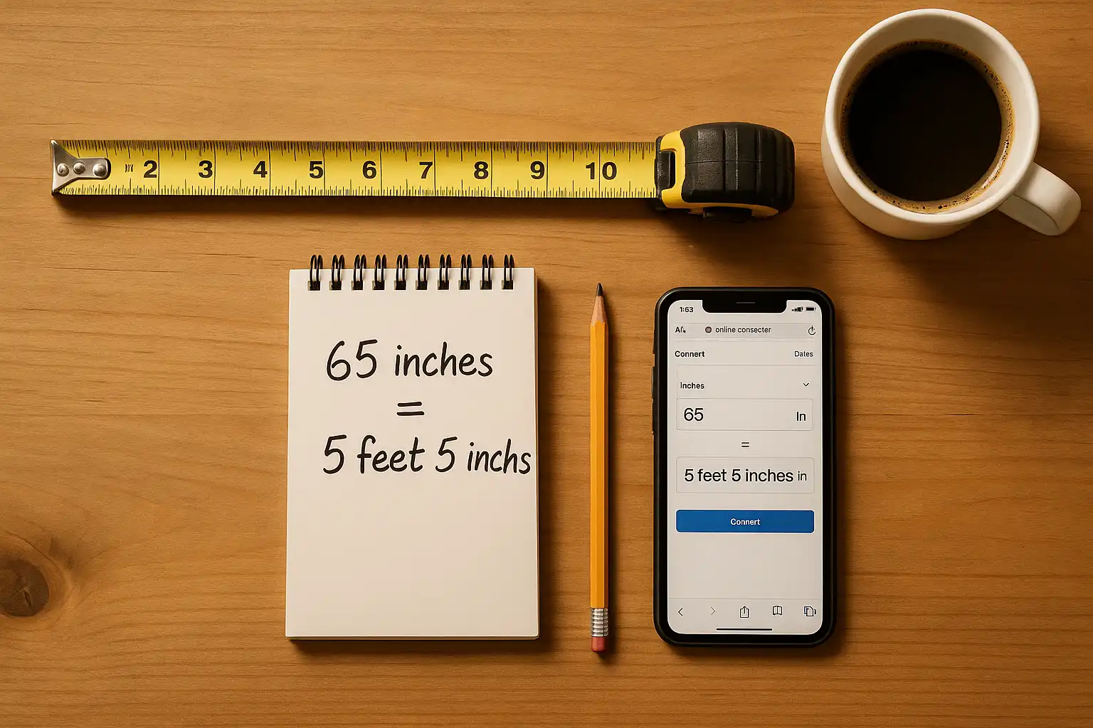 Tape measure extended to 65 inches next to handwritten note showing 65 inches equals 5 feet 5 inches on a desk with a phone calculator