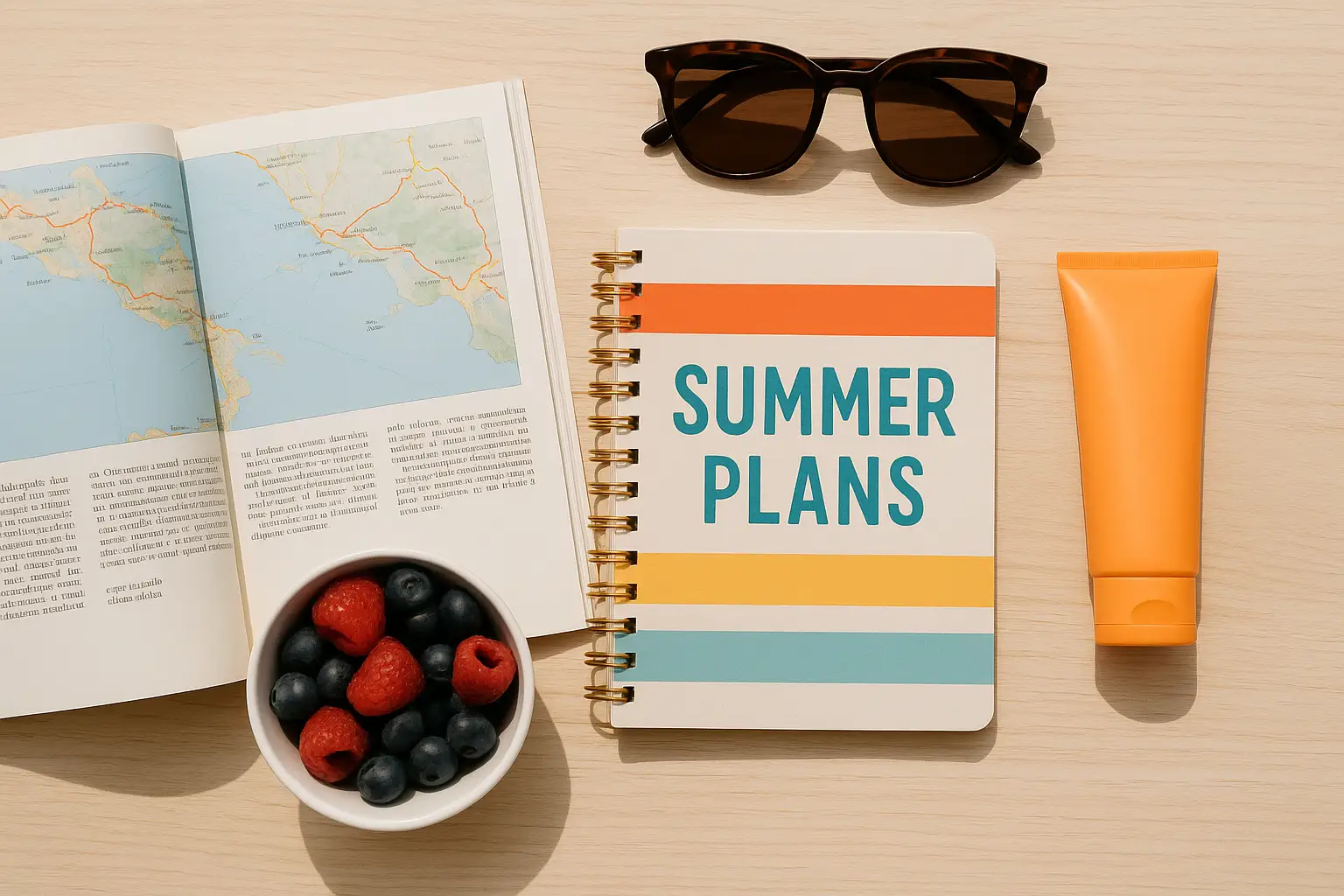 An overhead view of a desk with an open travel guide, notebook, sunglasses, and sunscreen, representing summer planning and preparation.