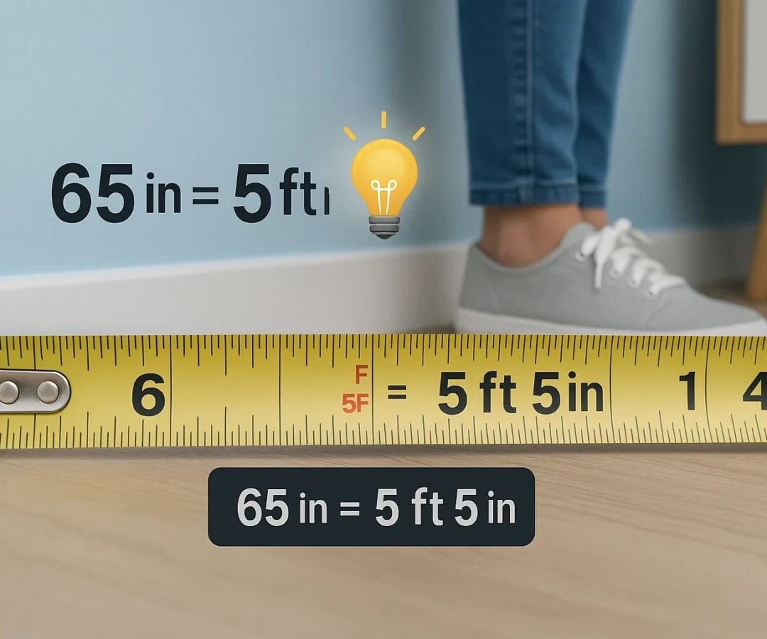 Tape measure clearly showing 65 inches marked, next to a corresponding label indicating 5 feet 5 inches, illustrating how tall is 65 inches in feet in a modern home setting.