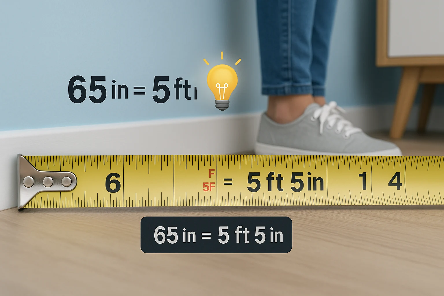 Tape measure clearly showing 65 inches marked, next to a corresponding label indicating 5 feet 5 inches, illustrating how tall is 65 inches in feet in a modern home setting.