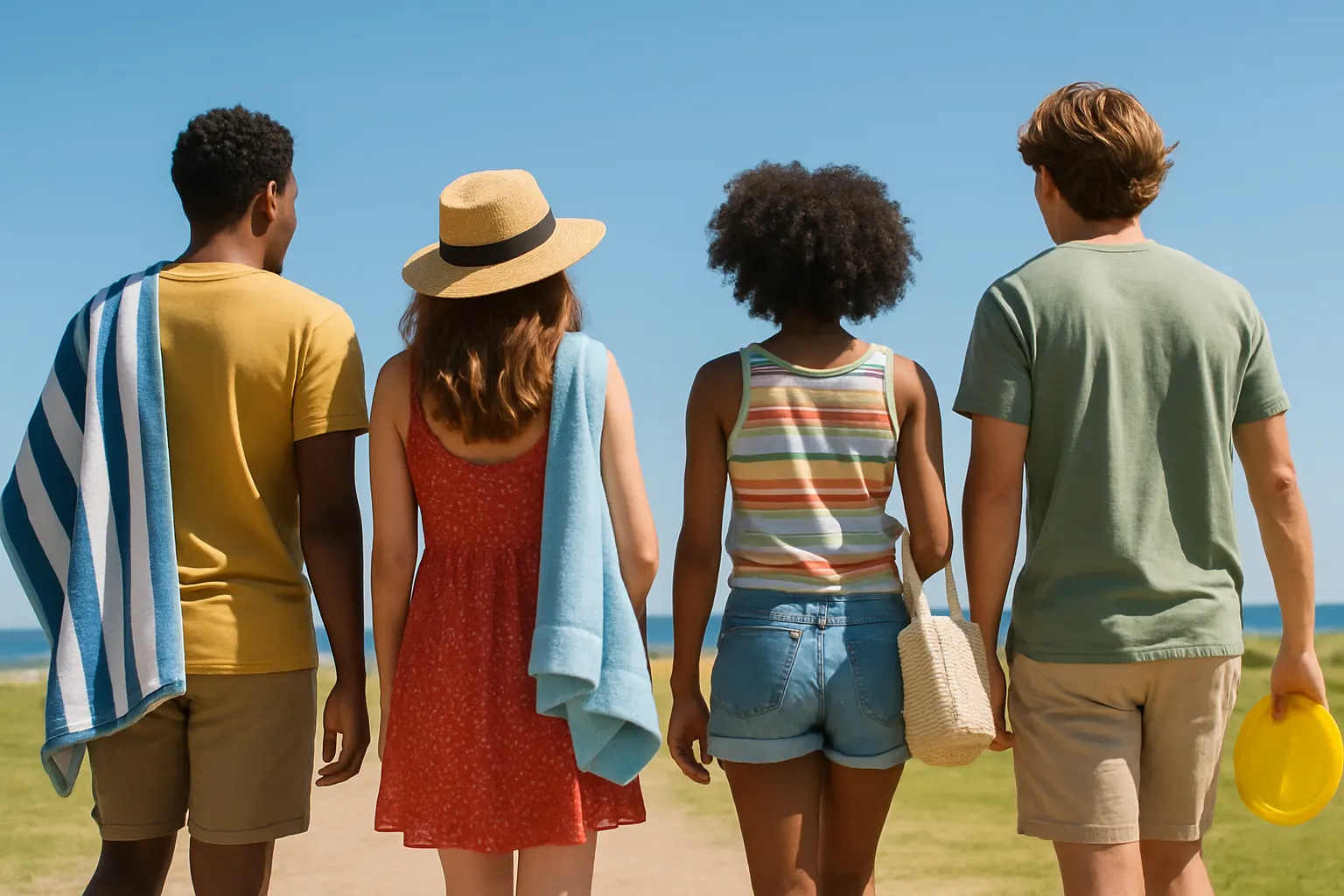 A diverse group of friends walking towards a sunlit beach, symbolizing summer freedom and outdoor joy.