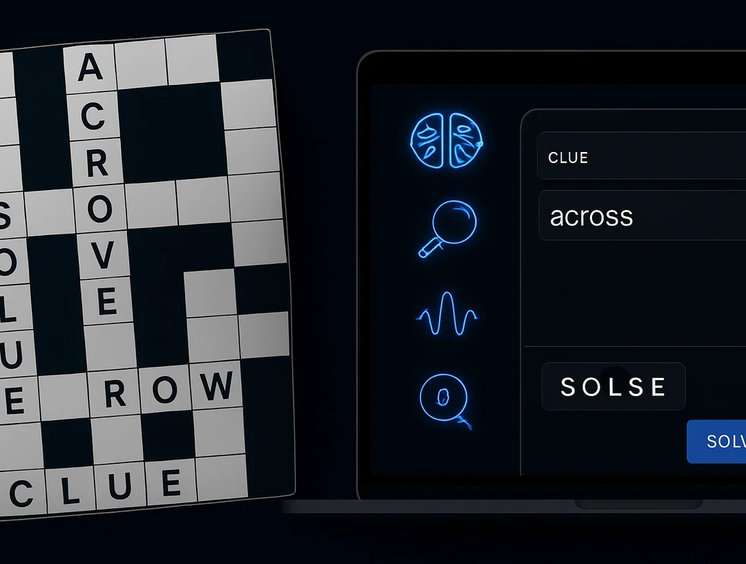 AI crossword solver tool interface solving clues side-by-side with a classic puzzle in a dark tech layout