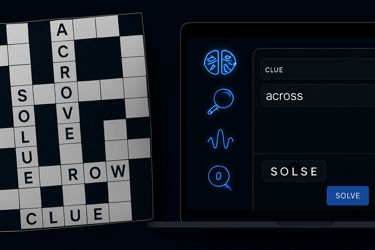 AI crossword solver tool interface solving clues side-by-side with a classic puzzle in a dark tech layout