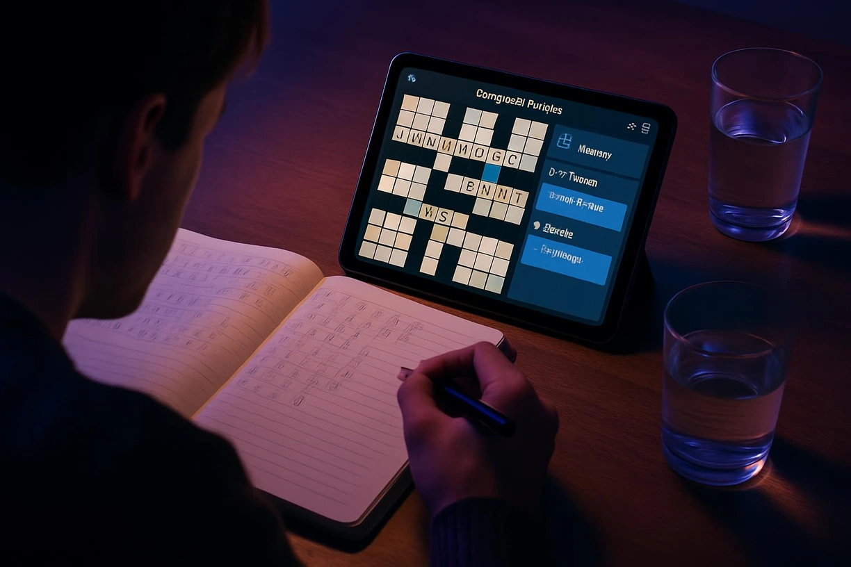 Tablet showing AI crossword clue hints beside a notebook during practice session