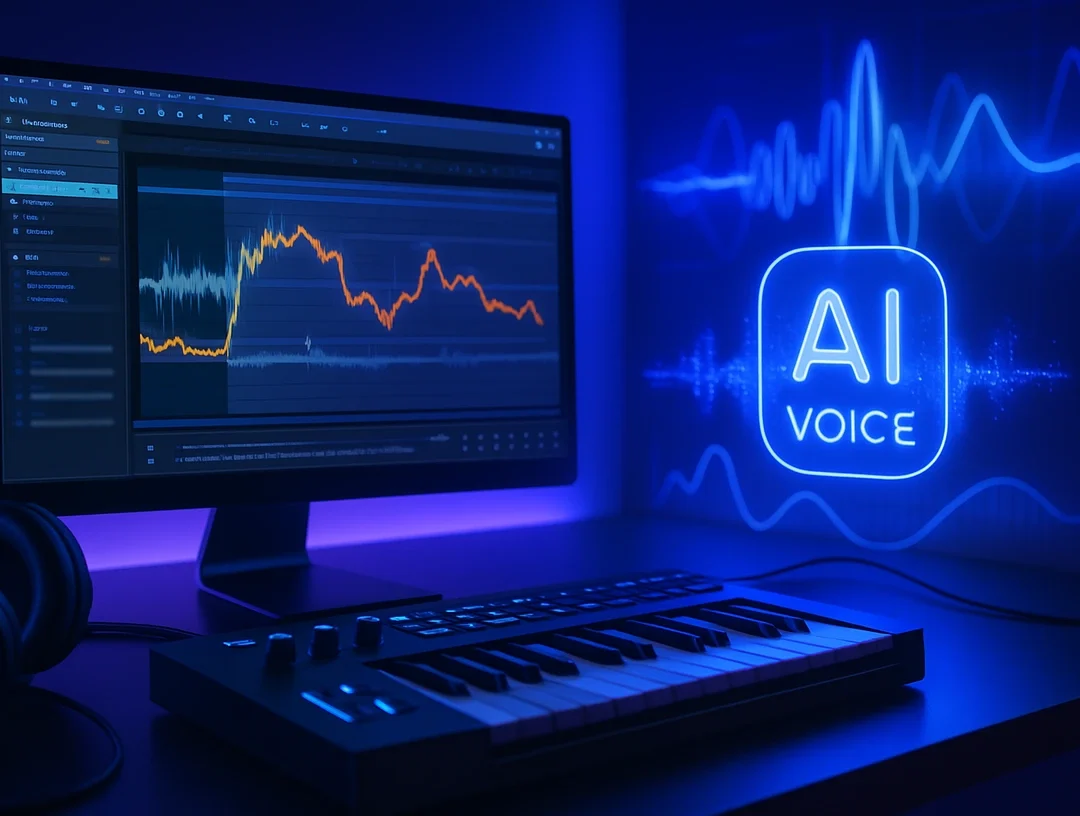 Tech-focused music production setup showcasing an ace studio free alternative with AI vocal synthesis tools