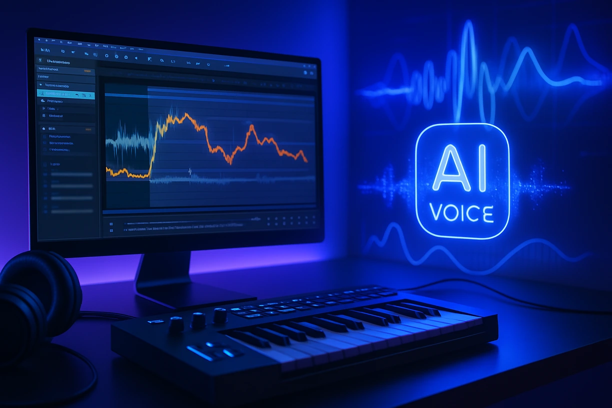 Tech-focused music production setup showcasing an ace studio free alternative with AI vocal synthesis tools