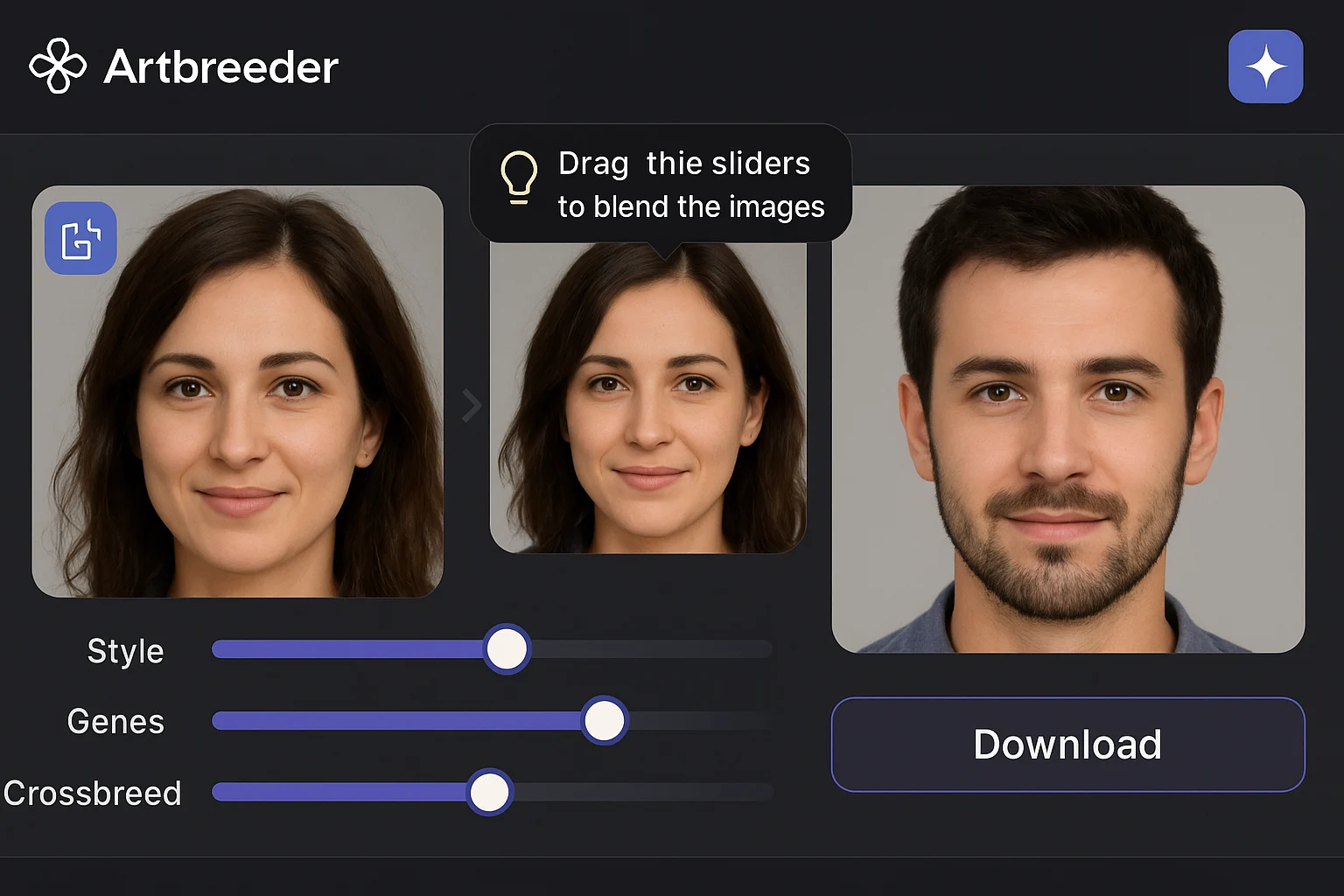 Artbreeder UI blending two portraits with genetic sliders and crossbreed controls