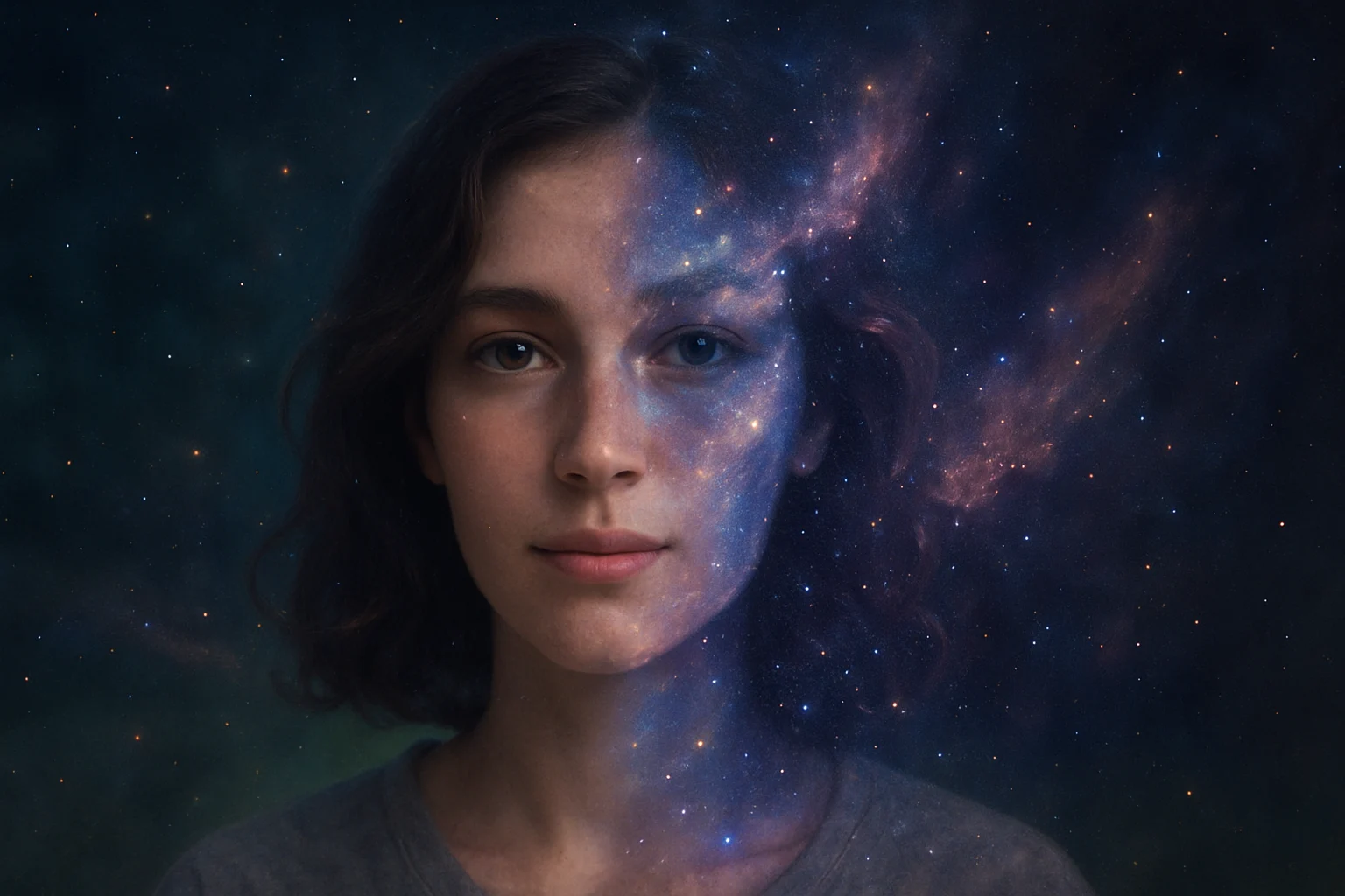 AI-blended portrait with galaxy elements showing surreal transformation