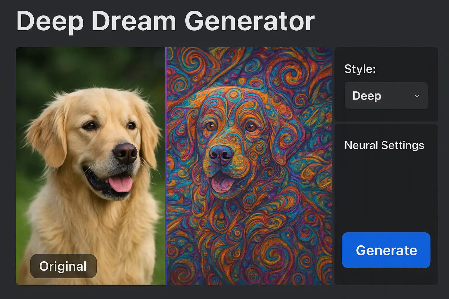 Deep Dream Generator blending forest image into surreal abstract AI artwork