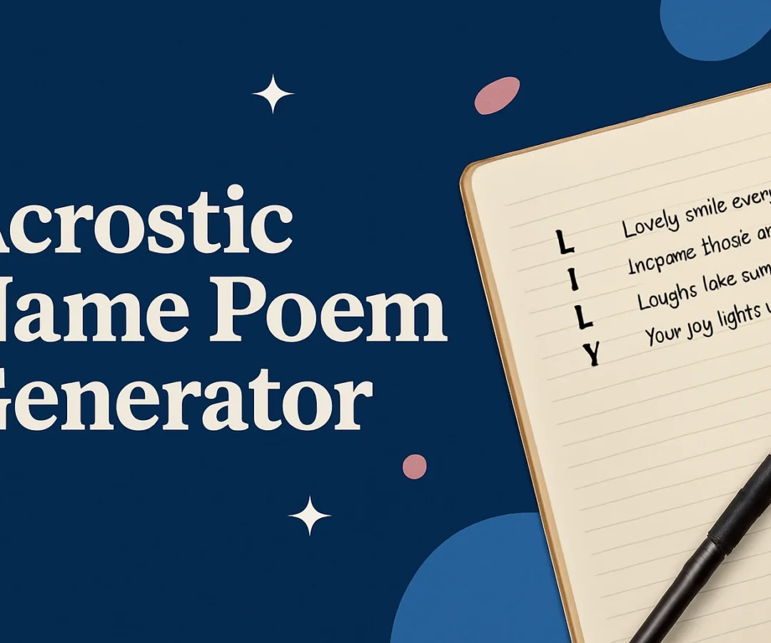 A horizontal digital graphic featuring the bold white text “Acrostic Name Poem Generator” on a deep blue background. To the right, an open notebook displays a handwritten acrostic poem for the name “LILY,” with a pen resting on the page. The layout is clean and modern with soft abstract shapes.
