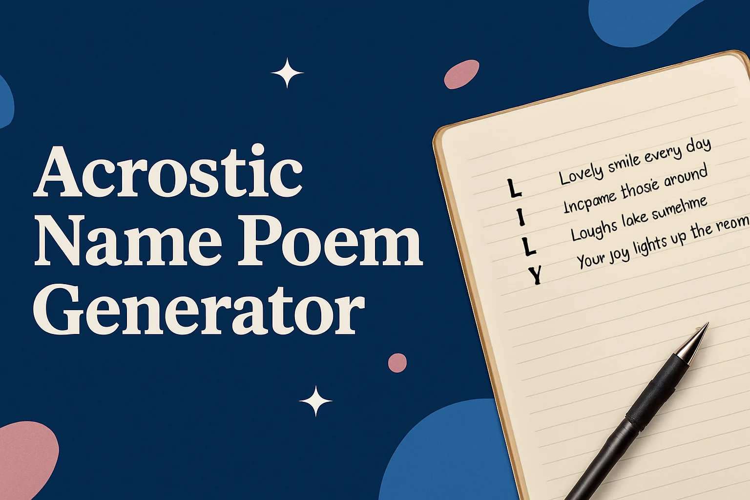 A horizontal digital graphic featuring the bold white text “Acrostic Name Poem Generator” on a deep blue background. To the right, an open notebook displays a handwritten acrostic poem for the name “LILY,” with a pen resting on the page. The layout is clean and modern with soft abstract shapes.