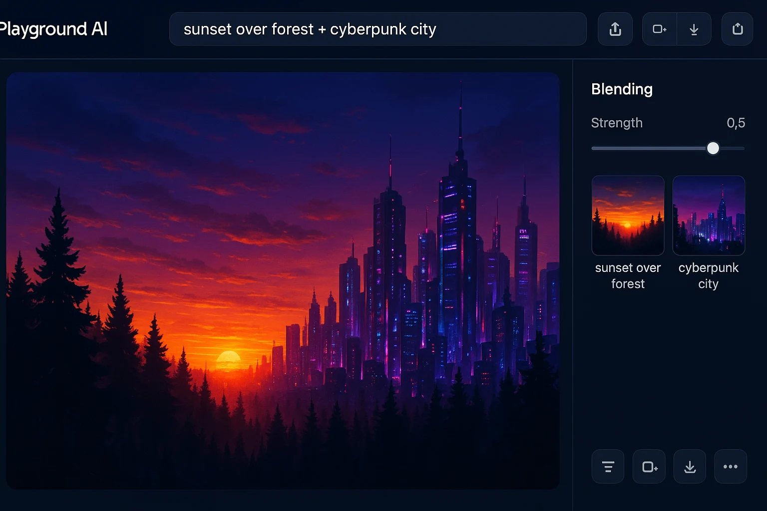 Playground AI generating image blends using text prompts and style sliders