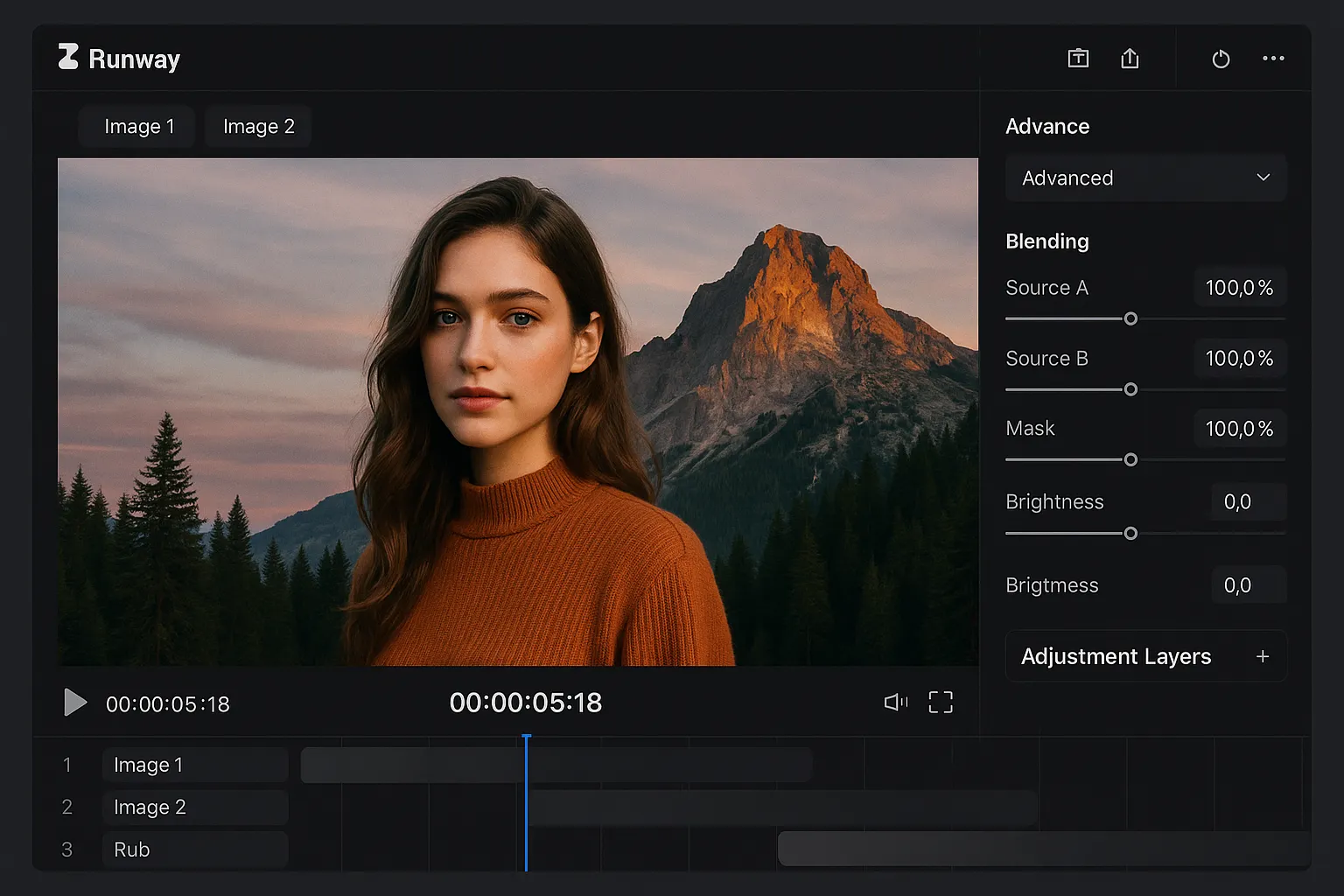 Runway ML tool blending high-res images with advanced editing timeline and layers